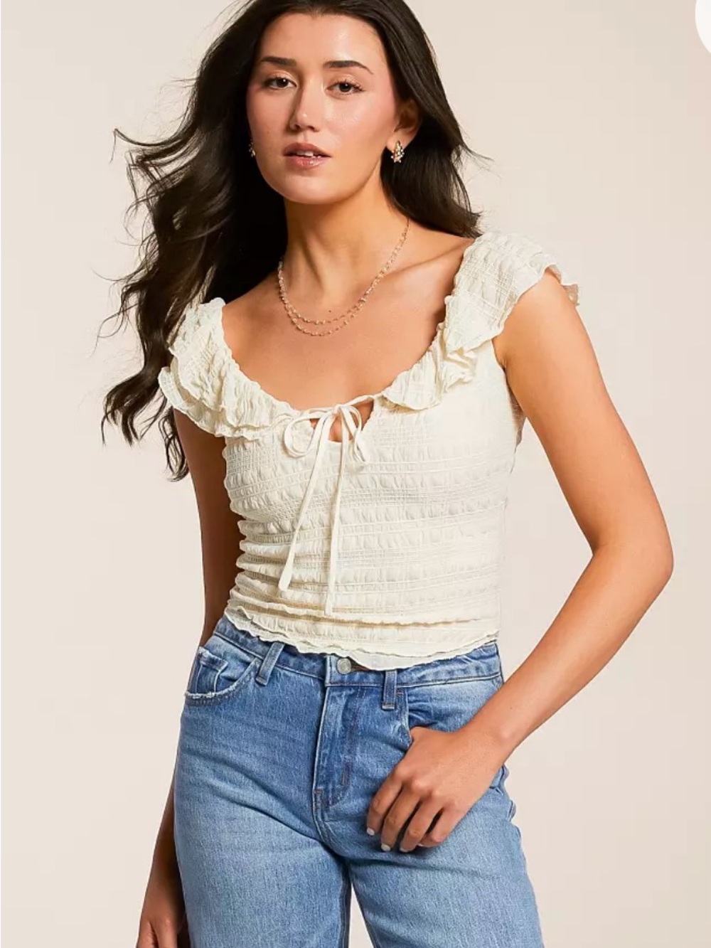 Free People Women’s Cream Ruffled Smocked Off-Shoulder Top